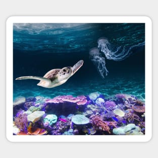 Sea Turtle swimming near Coral Reefs and Jellyfish Sticker